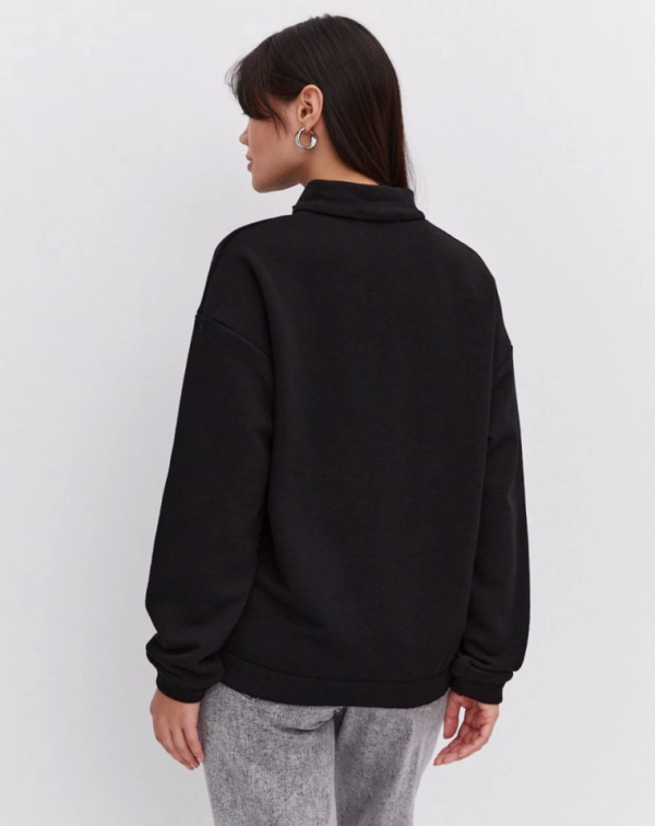 Oversize Yarım Farmuarlı Yakalı Basic SweatShirt - Siyah - Görsel 3