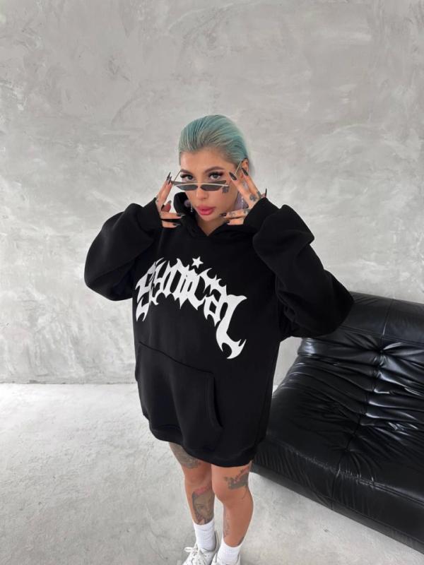 Unisex Üç İplik Kapşonlu Baskılı SweatShirt - Siyah - Görsel 2