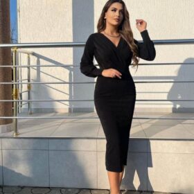 Kadın Uzun Kollu Kruvaze Yaka Büzgü Ve Balon Kol Detay Krep Kumaş Maxi Boy Elbise