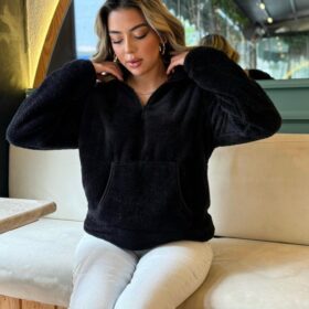 Kadın Uzun Kollu önden Fermuarlı Cepli Peluş Sweat