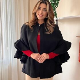 Kadın Fakir Kollu Fırfırlı Tek Düğme Yakalı önü Açık Kaşe Panço
