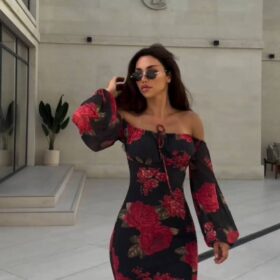 Kadın Balon Kol çiçek Desenli Maxi Boy Straplez Elbise