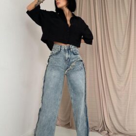 Kar Yıkama Yan Yırtmaçlı Jeans Pantolon