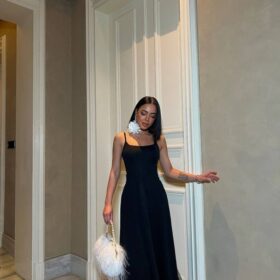 Kadın Omuz Askılıeteği Tül Volan Detay Midi Boy Elbise
