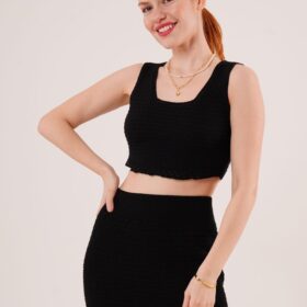 Örme Detaylı Etek Ve Bluz Siyah Takım