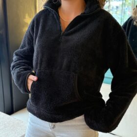 Kadın Uzun Kollu önden Fermuarlı Cepli Peluş Sweat