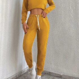 Kadın Sarı Bisiklet Yaka Iki Iplik üstü Krop Ikili Takım