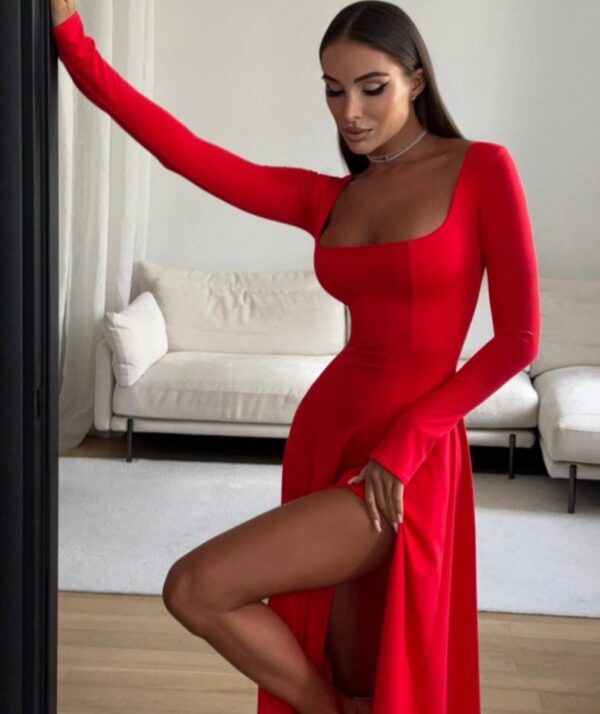 Kadın Kare Yaka Derin Göğüs Ve Bacak Dekolteli Midi Boy Elbise - Görsel 3