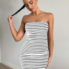 Kadın Kaşkorse Kumaş Çizgi Desenli Mini Elbise