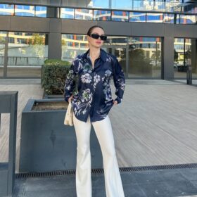 Kadın Uzun Kollu Dijital Baskılı Salaş Saten Gömlek