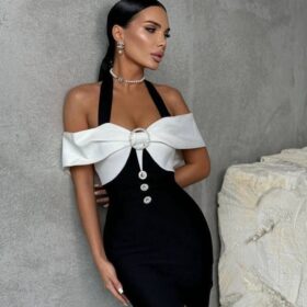 Kadın Madonna Yaka Tasarım Taş Ve Düğme Detay Dalgıç Kumaş Elbise